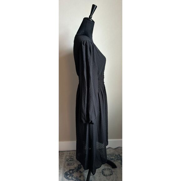 KENZIE Black Sheer V Neck Button Front Polka Dot Long Sleeve Midi Dress Size M - Picture 3 of 7